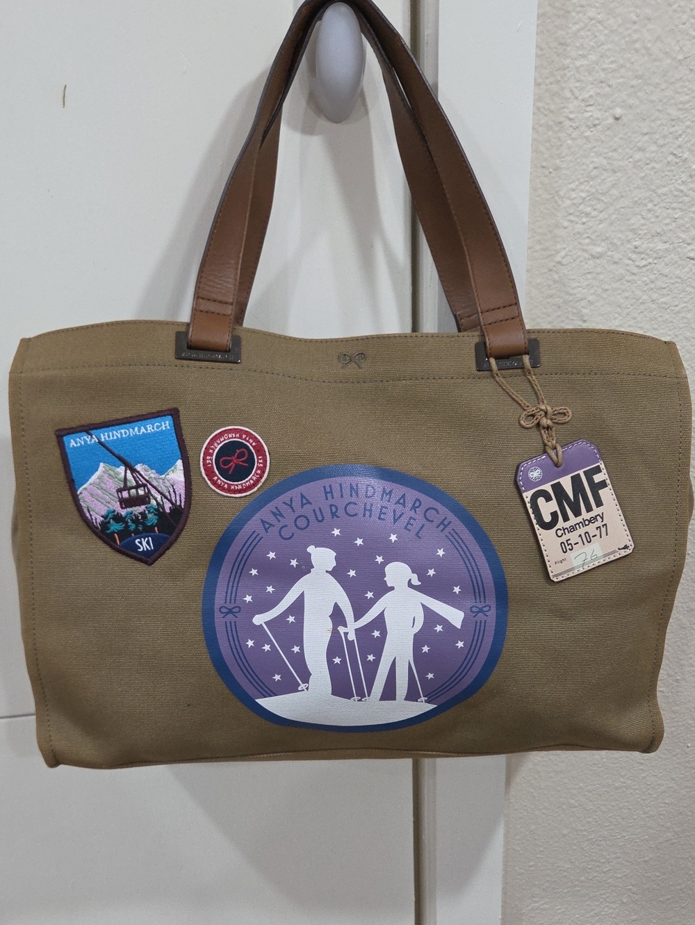 Anya Hindmarch Khaki Canvas Tote with Brown Leather Handles and Purple Ski Badge